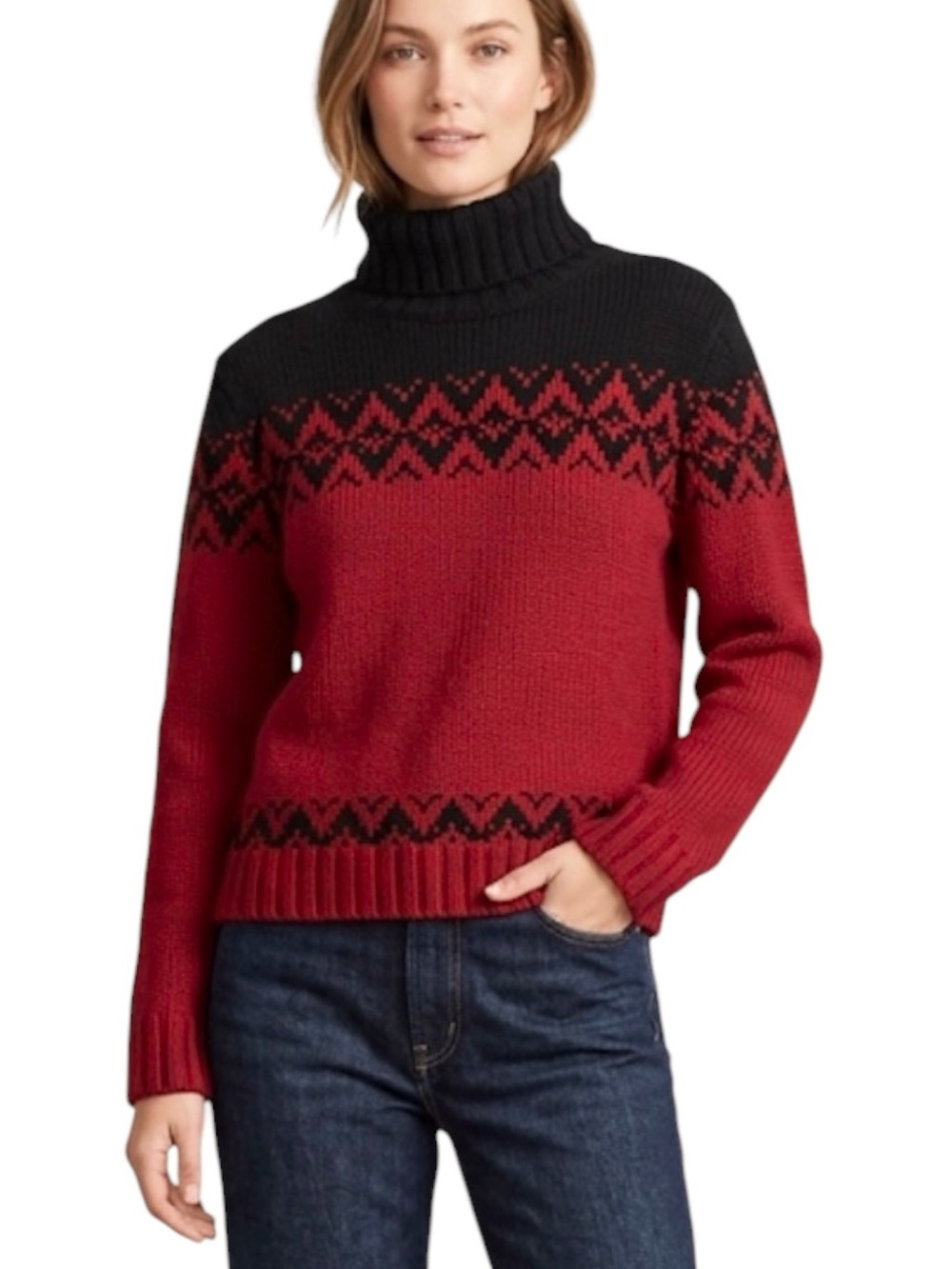 Kate Hill Lambs Wool Black Red Fair Isle Turtleneck Patterned Women's Sweater LP - Picture 2 of 12